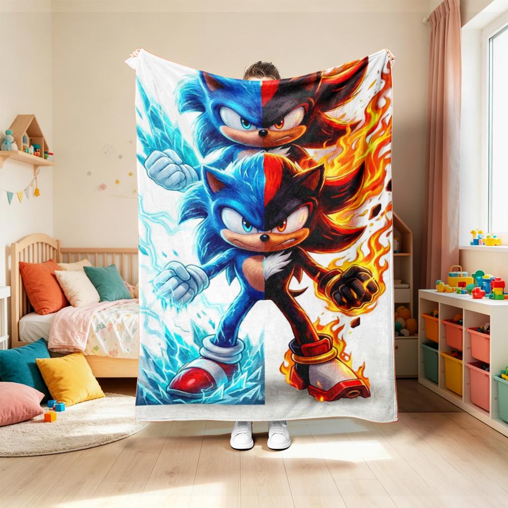 Blanket Cute Cartoon Sonic Anime Theme Throw Blanket Flannel Blanket for Living Room Bedroom Car Camping Full Size Comfortable