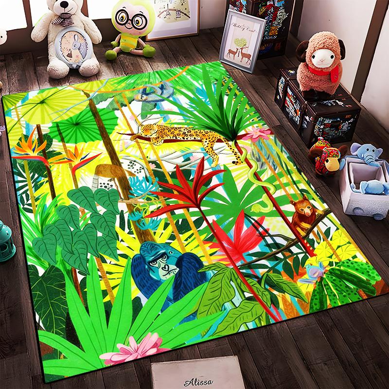 Tropical Jungle Theme Carpet with Leopard, Gorilla, Monkey, Greenery Suitable for Use As an Anti-slip for Living Room Bedroom Sofas