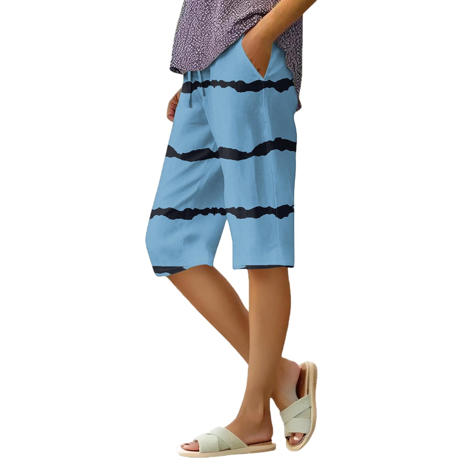 

Жіночі літні модні смугасті шорти до коліна з квітковим принтом, легкі, з еластичною талією, повсякденні, з кишенями XXL синій