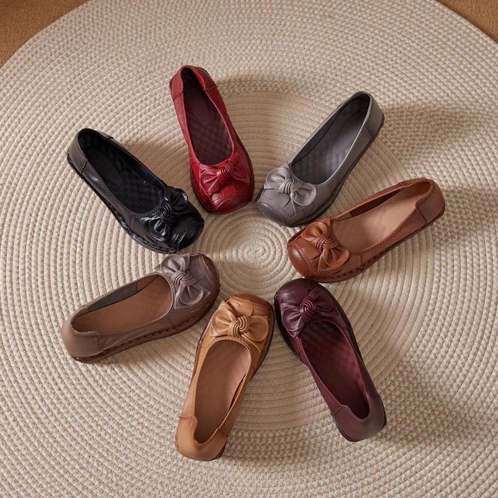 New Cowhide Slope Heel Women's Shoes Comfort Mother's Shoes Soft Sole Genuine Leather Shallow Mouth Flat Women's Shoes