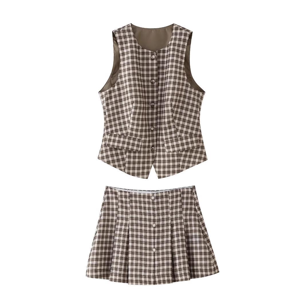 

2025 Spring Plaid Slim-Fit Vest Top & Short Skirt Set for Women L
