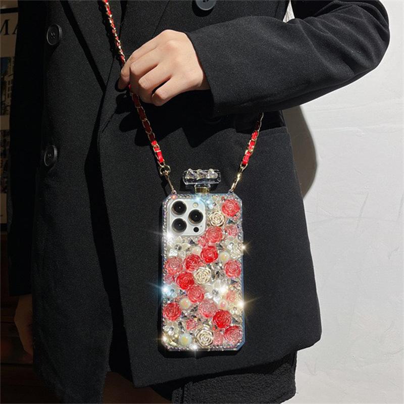 For Apple 16pro Perfume Bottle Phone Case Rhinestone Rose for IPhone17 Crossbody Full Diamond 14 Luxury