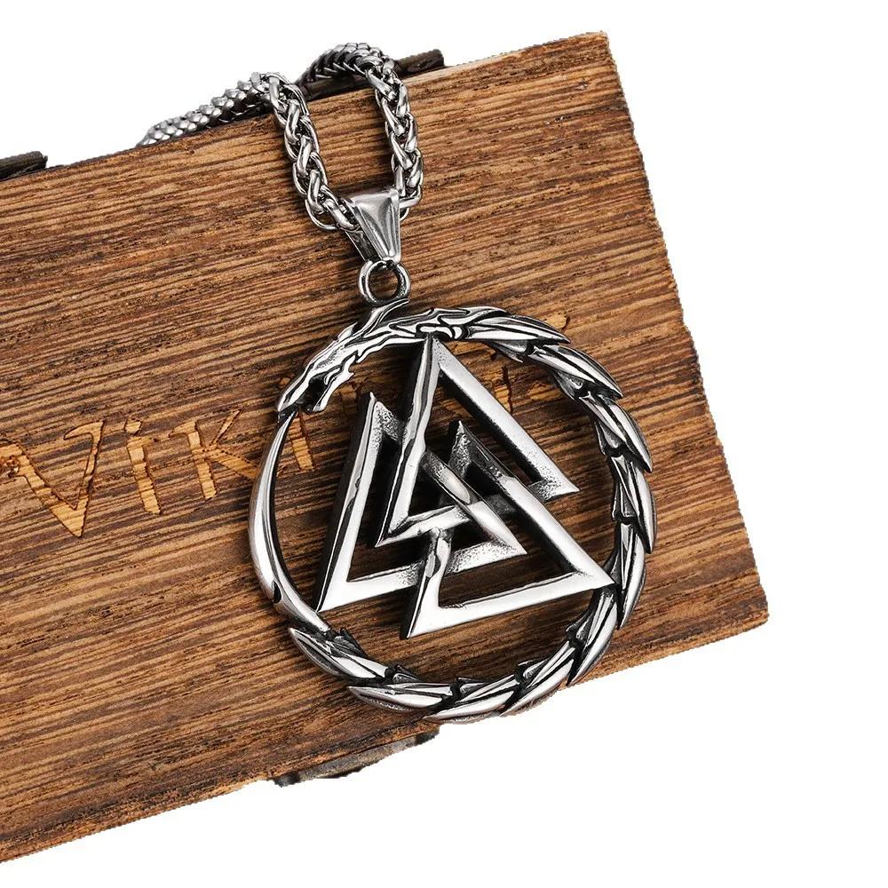Vintage Retro Valknut Viking Icon Dragon Round Pendant Necklace Chain Unisex Men Women Fashion Gothic Amulet Talisman Jewelry Party Gift