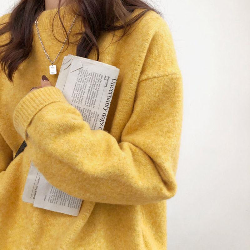 Crew neck sweater women's outerwear college knitted sweater pullover fattened to increase the lazy style top with coat base