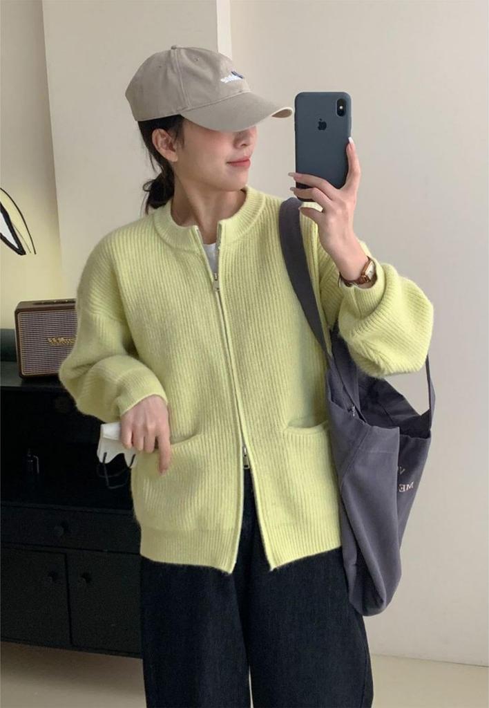 Hanmall Zipper Collarless Knit Sweater with Pockets and Double Front Loose Winter Long Keeps You Warm for Fall and Perfect for Commuting Women's
