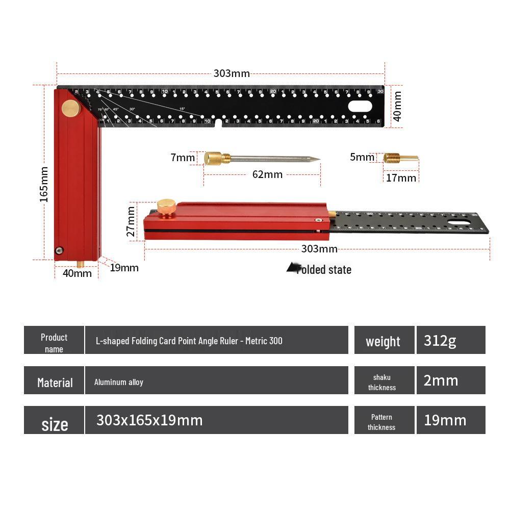 Foldable Multifunction Right Angle Woodworking Ruler with Corner Support and Hole Marking.