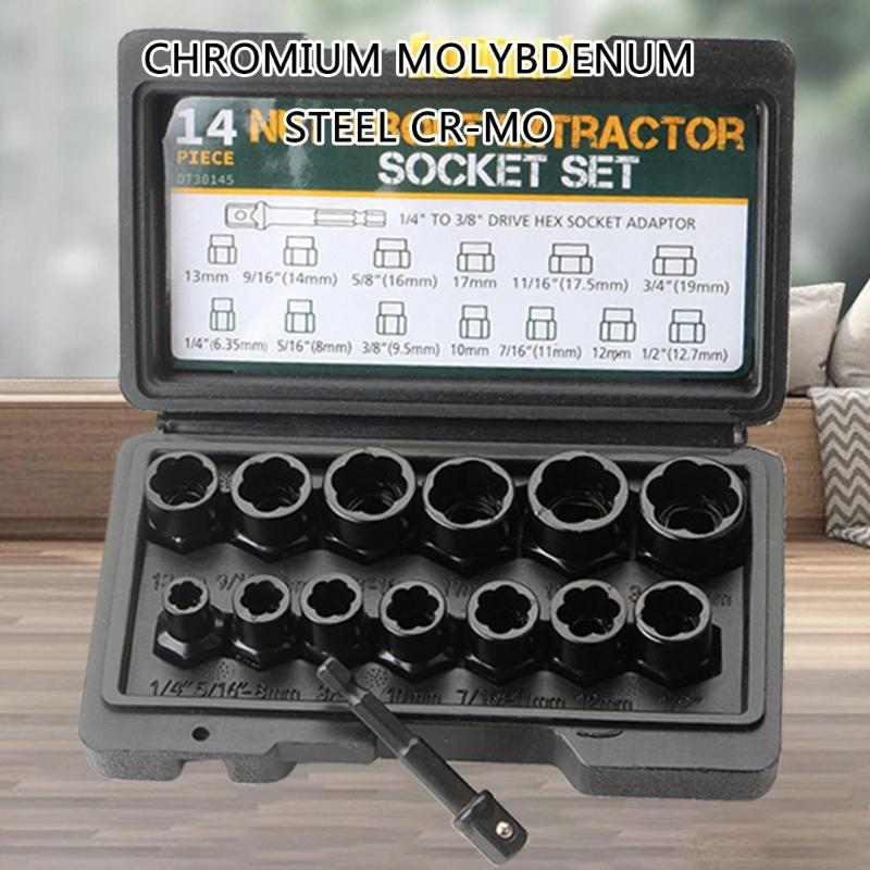 14Pcs Bolt & Nut Remover Set Steel Bolt Remover Damaged Extractor Tool Set with Solid Storage Case for Industrial