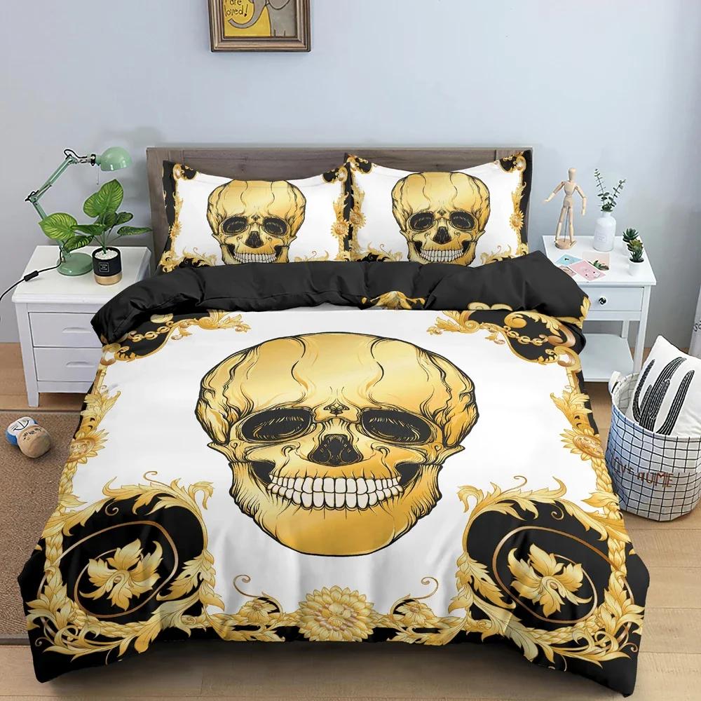 Heißer Stil Weiches Bettwäsche-Set 3D Digital Schädel Druck 2/3-teiliges Bettbezug-Set mit Reißverschluss Einzelbett Twin Doppelbett Full Queen King