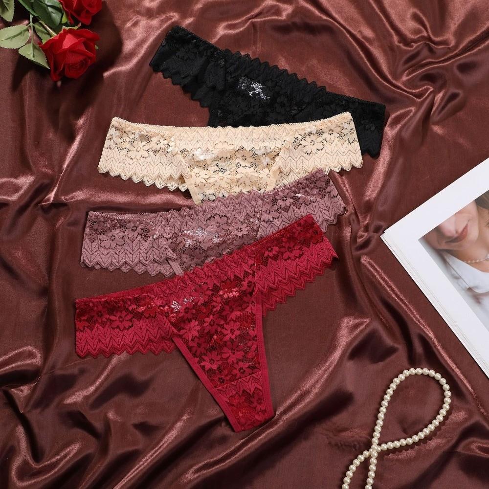 Low Waist Lace Flower Women Thong Underpants T-Back Panties Sheer Mesh Lace Briefs  Ladies