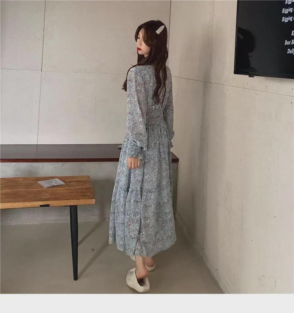 2024 Floral Chiffon V-Neck Dress: High-Waisted, Long-Sleeve, Waist-Cinching Korean Style for Spring and Autumn