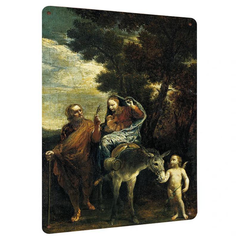 

Vintage Religious Oil Painting Style Metal Wall Art Holy Family Flight to Egypt Home Decor 20x30cm（7.8x11.8inch）