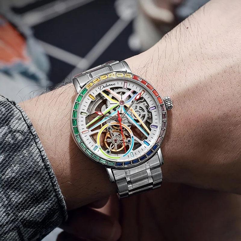Herrenuhr Topmarke 3ATM Vollstahl Wasserdicht Automatisch Mechanisch Skelett Design Tourbillon Leuchtend Herrenuhr