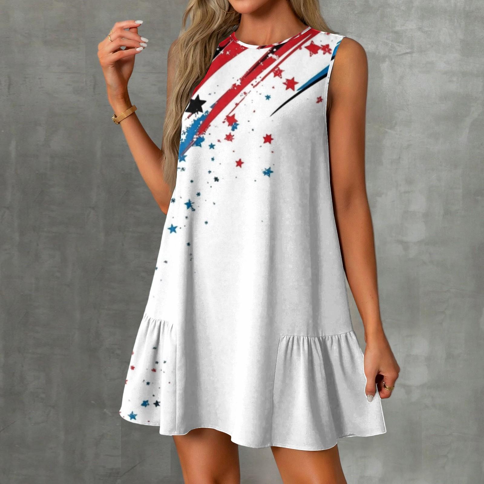 

Женские модные повседневные платья без рукавов с круглым вырезом и оборками с принтом «День независимости» XL белый