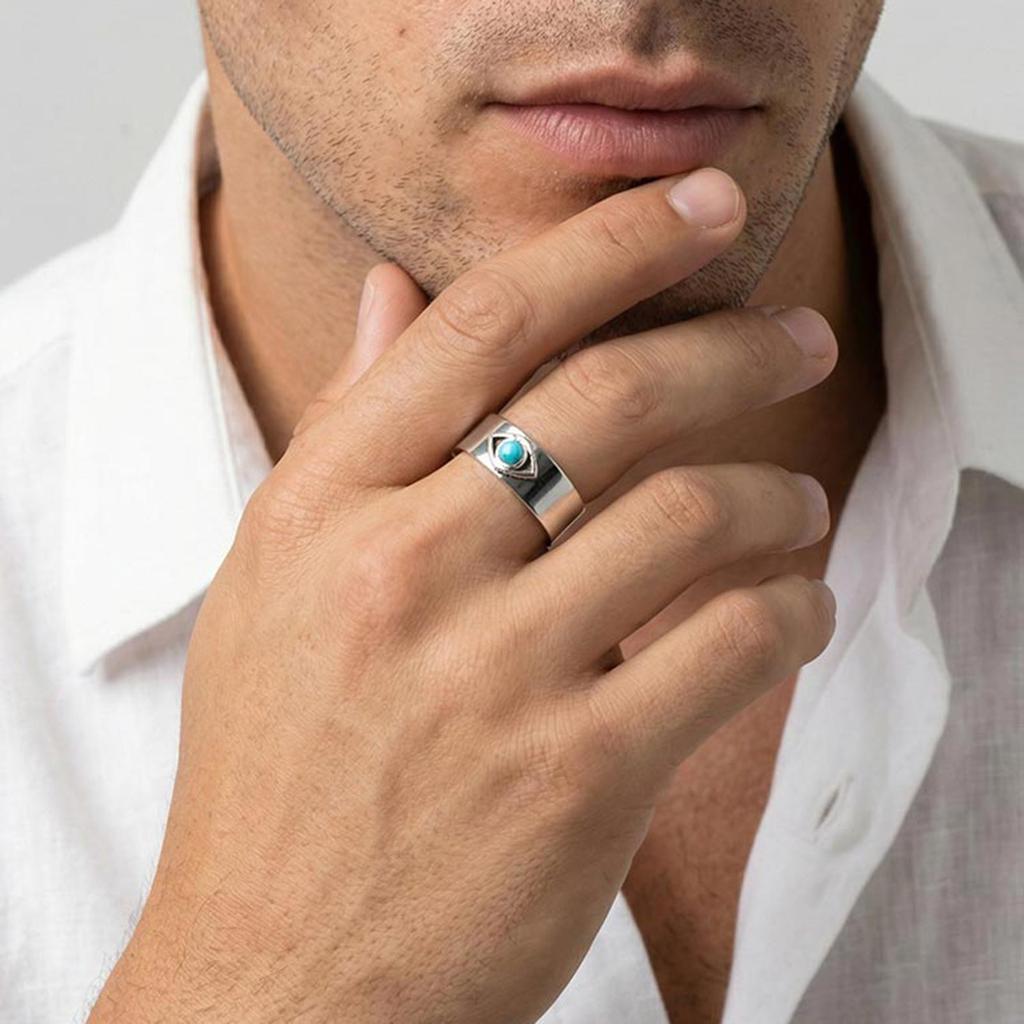 Vnox Devils Eye Adjustable Cuff Ring for Men, 6mm Wide Band Waterproof Stainless Steel Turquoise Stone Punk Rings Jewelry Gifts