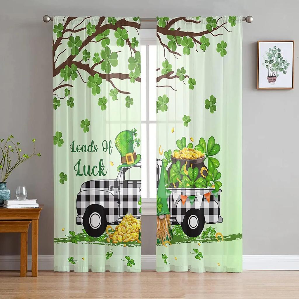 St Patrick Day Curtains Shamrocks Gold Beer Hat Voile Curtain Green Lucky Leaves Window Drapes Bedroom Living Room Sheer For Area Made Of Polyester
