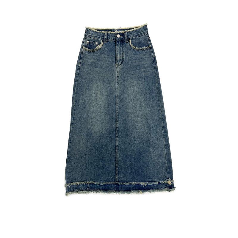 Ham Kenarlı Yüksek Bel Denim Etek Kadın Yaz Armut Vücutlu Retro Kapatıcı A-kesim Kalça Saran Orta Boy Yarım Vücut Moda Denim Büstiyer Etek