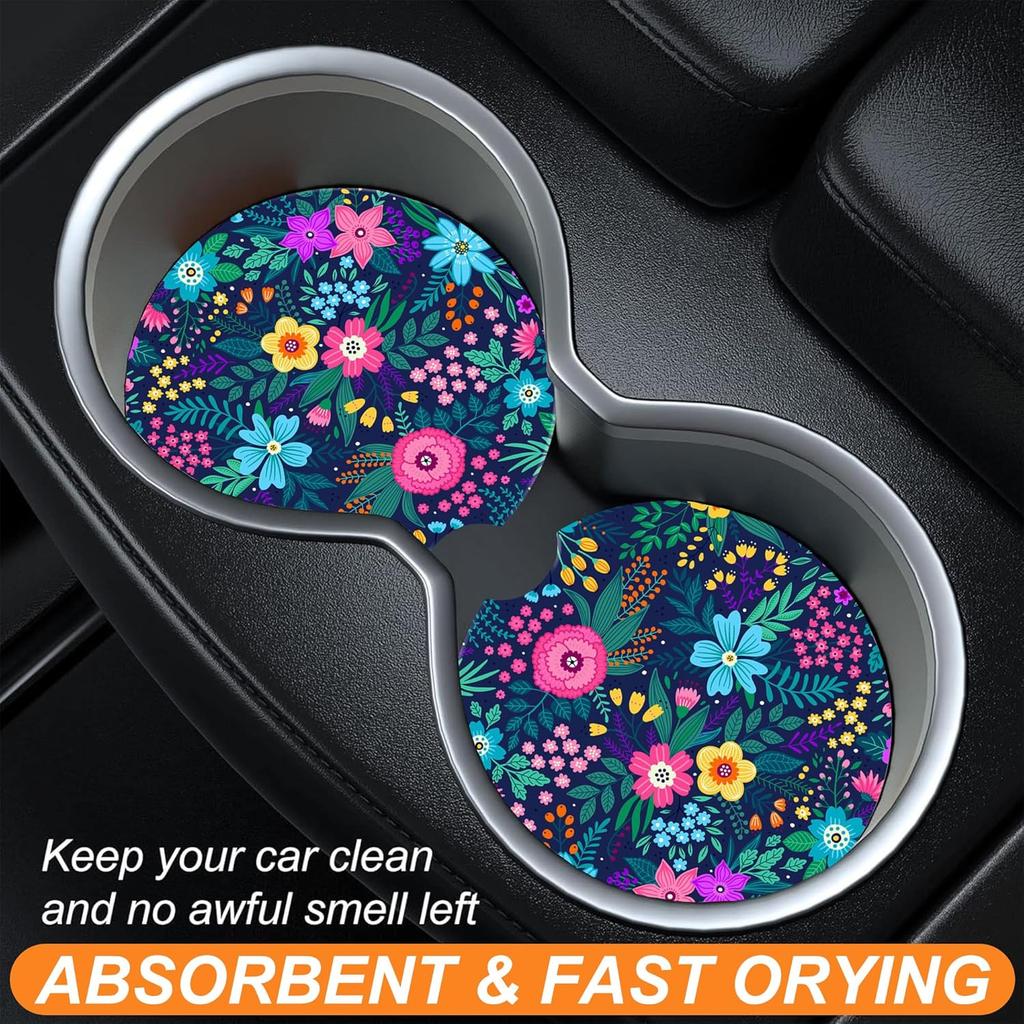 Colorful Flowers and Plants Car Cup Holder Coaster,Car Coasters for Cup Holder,2 Pack Floral Berries Anti-Slip Absorbent Ceramic Car Cup Coasters for
