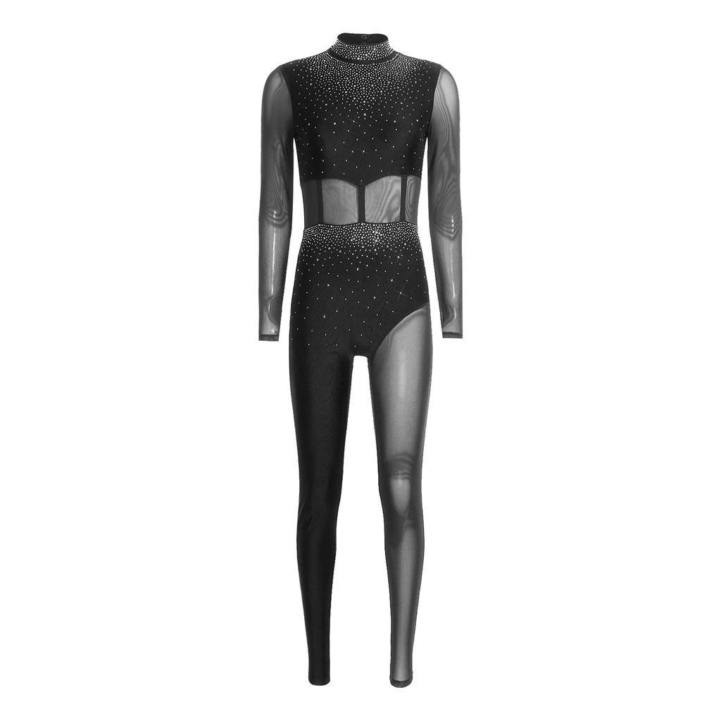 Womens Gymnastics Unitard Bodysuit Rhinestone Sheer Mesh Patchwork Cutout Back Full Body Jumpsuit Figure Skating Wear