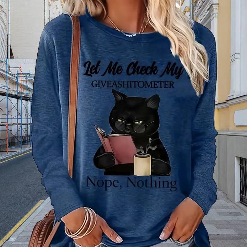 Tops For Women The Cat Reading Print Round Neck Long Sleeve T-shirt Fall Casual Slim Pullover Women's Long Sleeve Top
