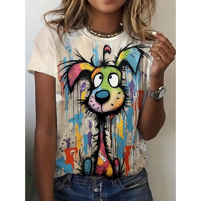 

Fun dog print casual round neck T-shirt S