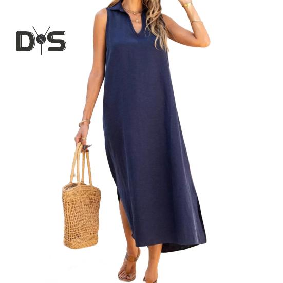 Women's Cotton Linen Maxi Dress Casual V-Neck Sleeveless Loose Tank Dress Summer Beach Long Split Sundress