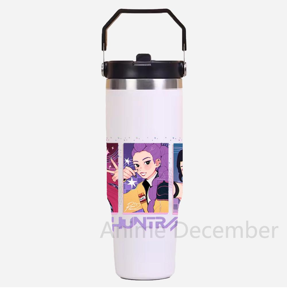 30Oz K-Pop Portable Car Cup Stainless Steel Thermos Cup with Straw Travel Sports Water Bottle with Handle Cover Coffee Vacuum Flask
