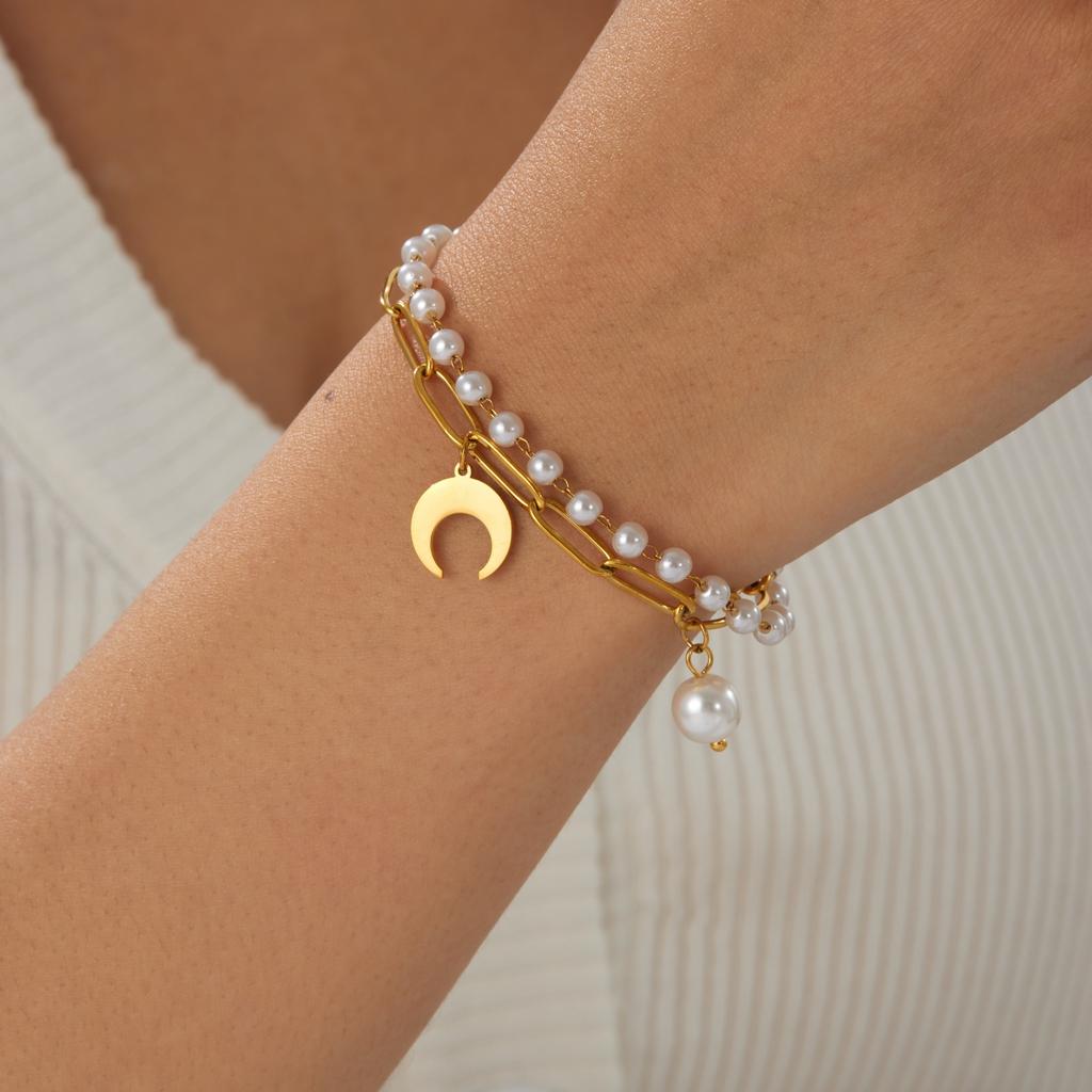 316L Stainless Steel Elegant Romantic Double Layer Star Moon Pearl Bracelet For Women Fashion New Jewelry Party Gift