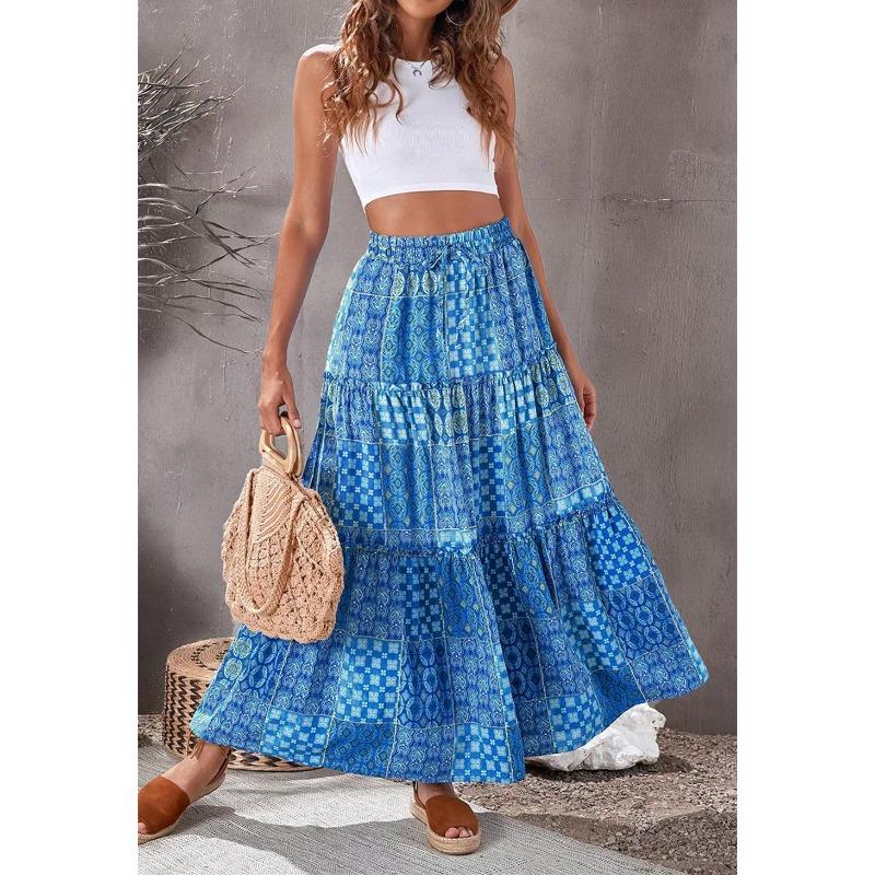 Letní dámská sukně Bohémská plážová sukně s potiskem Oversized Swing Sukně do půl těla