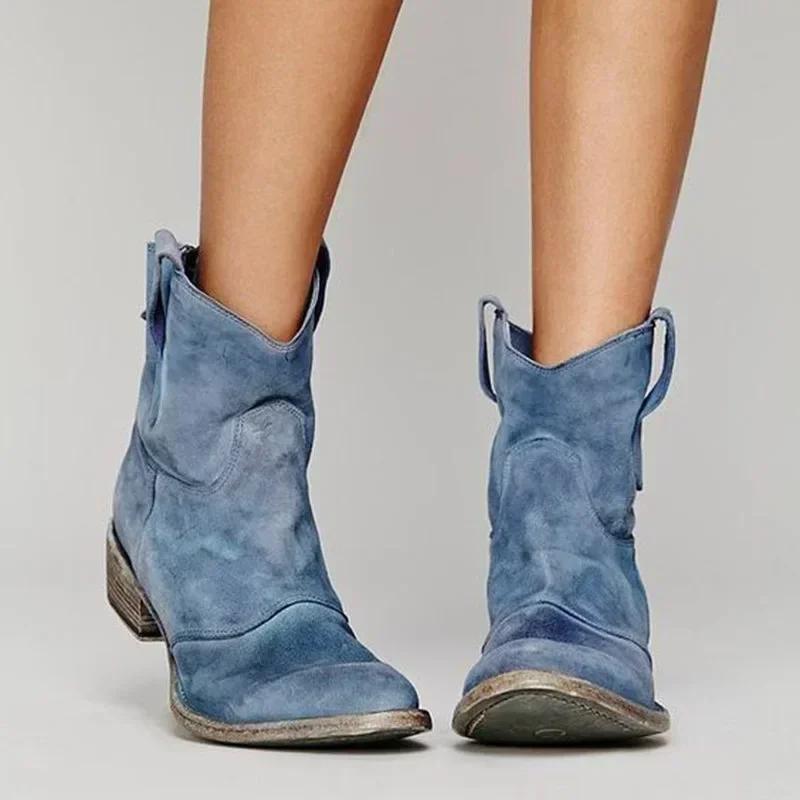 Vintage Cowboy Ankle Boots for Women Pointed Toe Low Heels Western Botas Autumn Winter Slip On PU Leather Booties