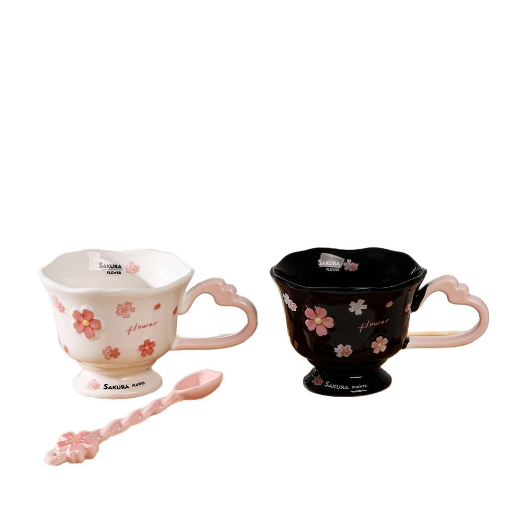 Kirschblüten-Keramiktasse mit Löffel für Mädchen, hochwertig aussehende Souvenir-Geschenktasse, Büro-Trinkbecher, hochtemperaturbeständiges Set