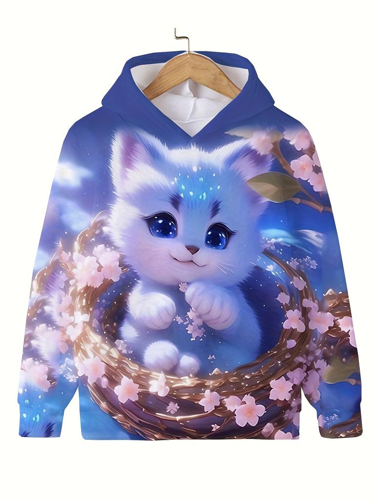 Trendy Kids Kitten Graphic Hooded Sweatshirt Boys Girls Sports Outdoor Tops Casual Cartoon Print Hoodies Girls' Autumn Clothes