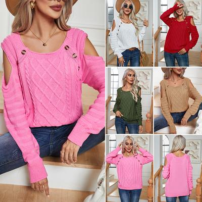 Women's Button Square Neck Off Shoulder Long Sleeve Fried Dough Twists Knitting Pullover Sweater