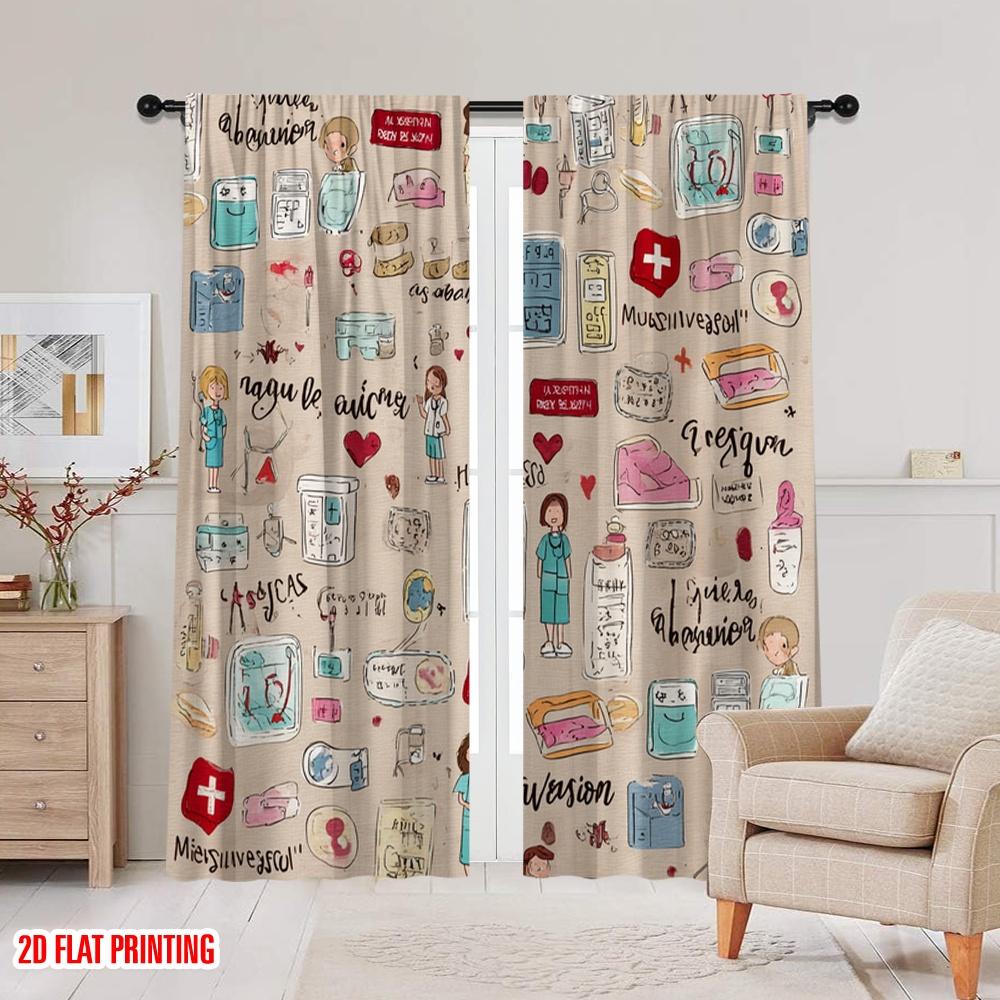 2pcs,2D Plane Printing Curtain Fabric Premium Medical Polyester Fabric (without Rod) Room Decor Ldeal for Bedroom & Living Room