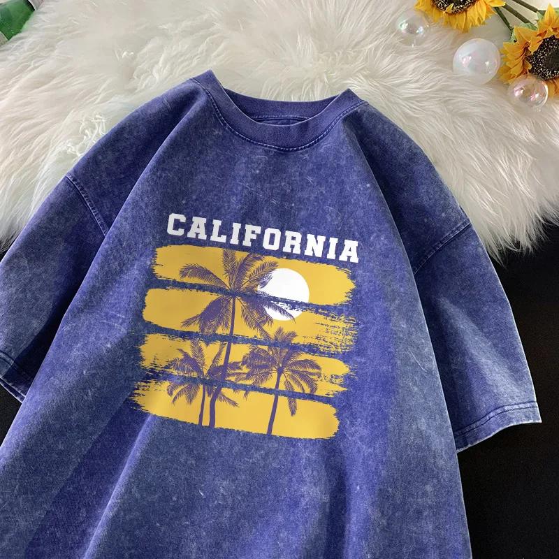 Seaside Sunset Printed T-shirt Coconut Tree Retro Washed Vintage T-shirt Loose Casual T-shirt for Men and Women  T Shirt