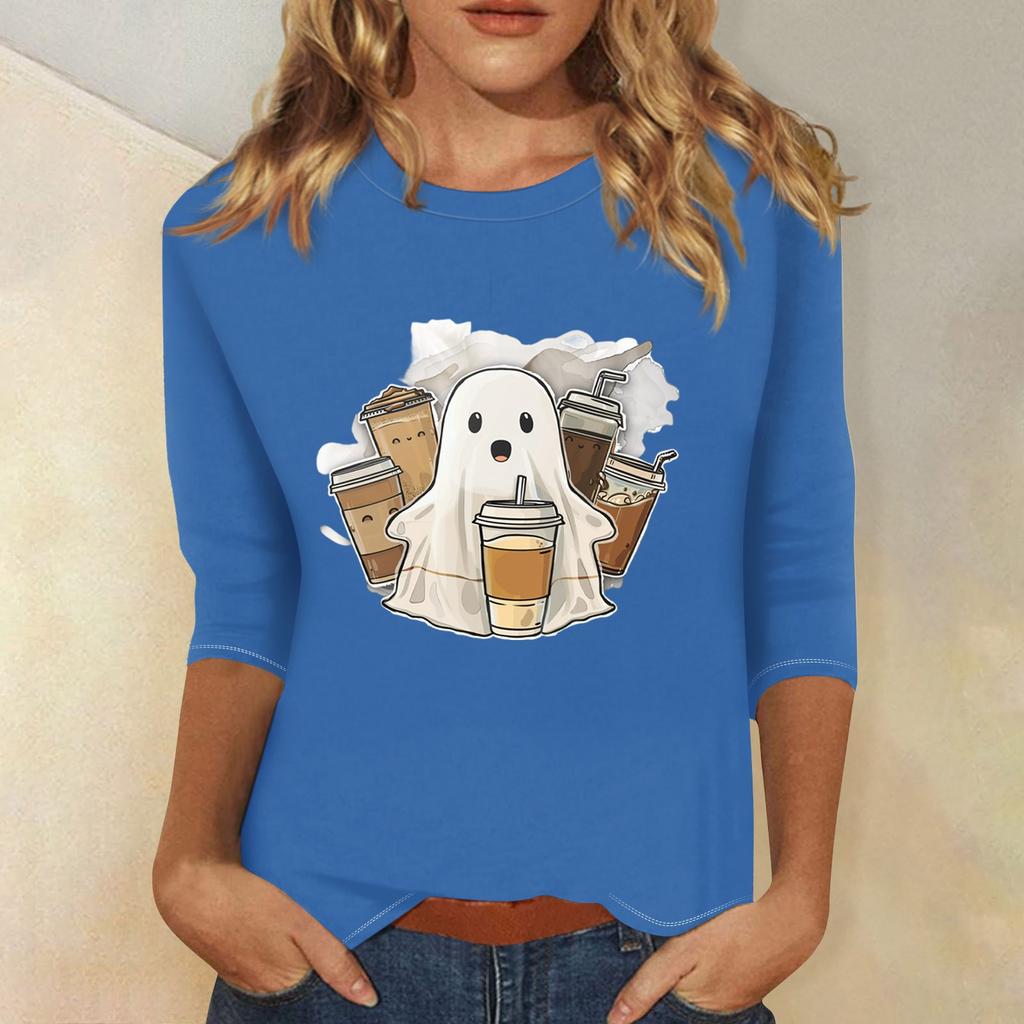 Dame Mote Casual Trekvartsermet Halloween Trykket Rund Hals Topp