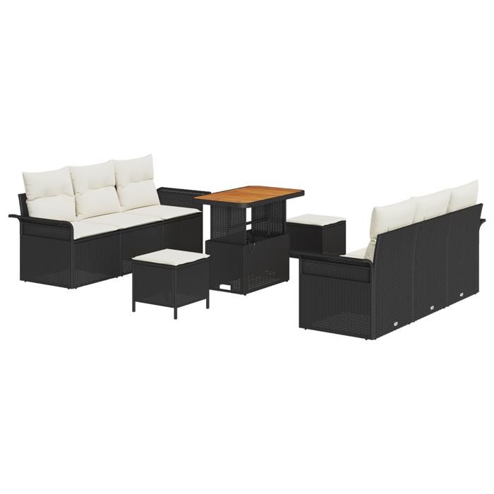 Ensemble de canapés de jardin 9 pièces avec coussins en noir rattan poly acacia, Canapé de jardin 2 places avec rangement 3364040