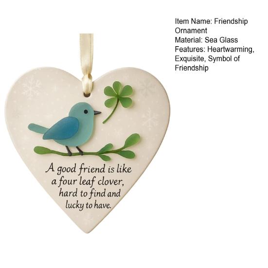 Heart Shaped Sea Glass Friendship Decor Sea Glass Bird And Four Leaf Clover Heart Ornament for Xmas Tree Friendship Keepsake for Best Friends