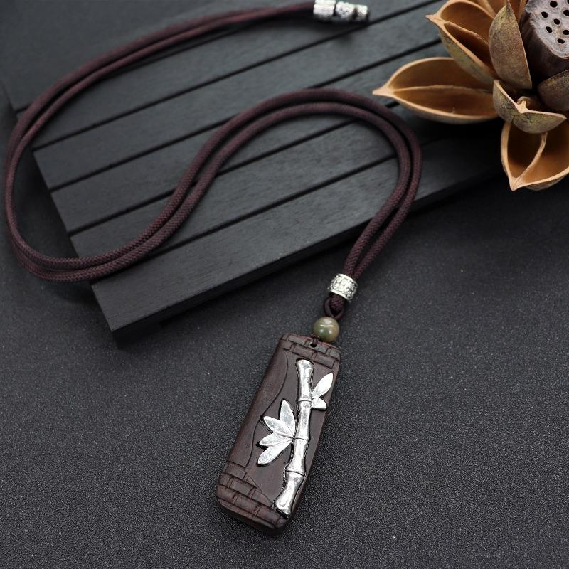 Retro Literary and Artistic Long Ebony Necklace Wooden Pendant Women's Simple Zen Sweater Chain Cotton and Linen Accessories