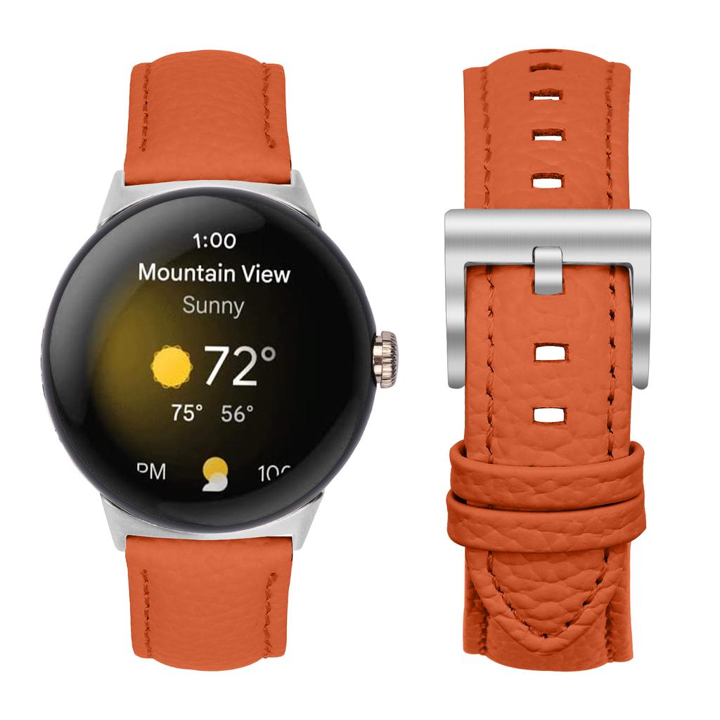 Litchi Textured Genuine Leather Strap for Google Pixel Watch 4/3/2/Watch 41mm Pointed-End Watch Band with Silver Buckle