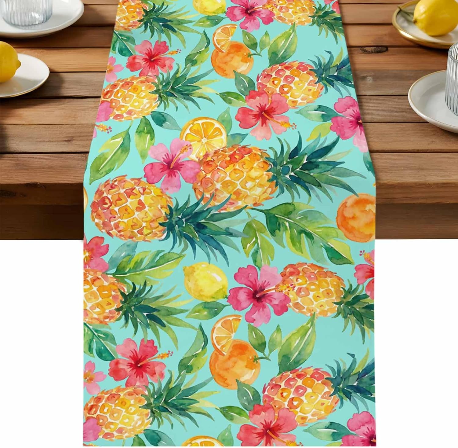Jingyue Pet Orange/Pink Watercolor Lemon Pineapple Linen Table Runner Home Decor Summer Flowers Kitchen Table Runners Wedding Party Decor