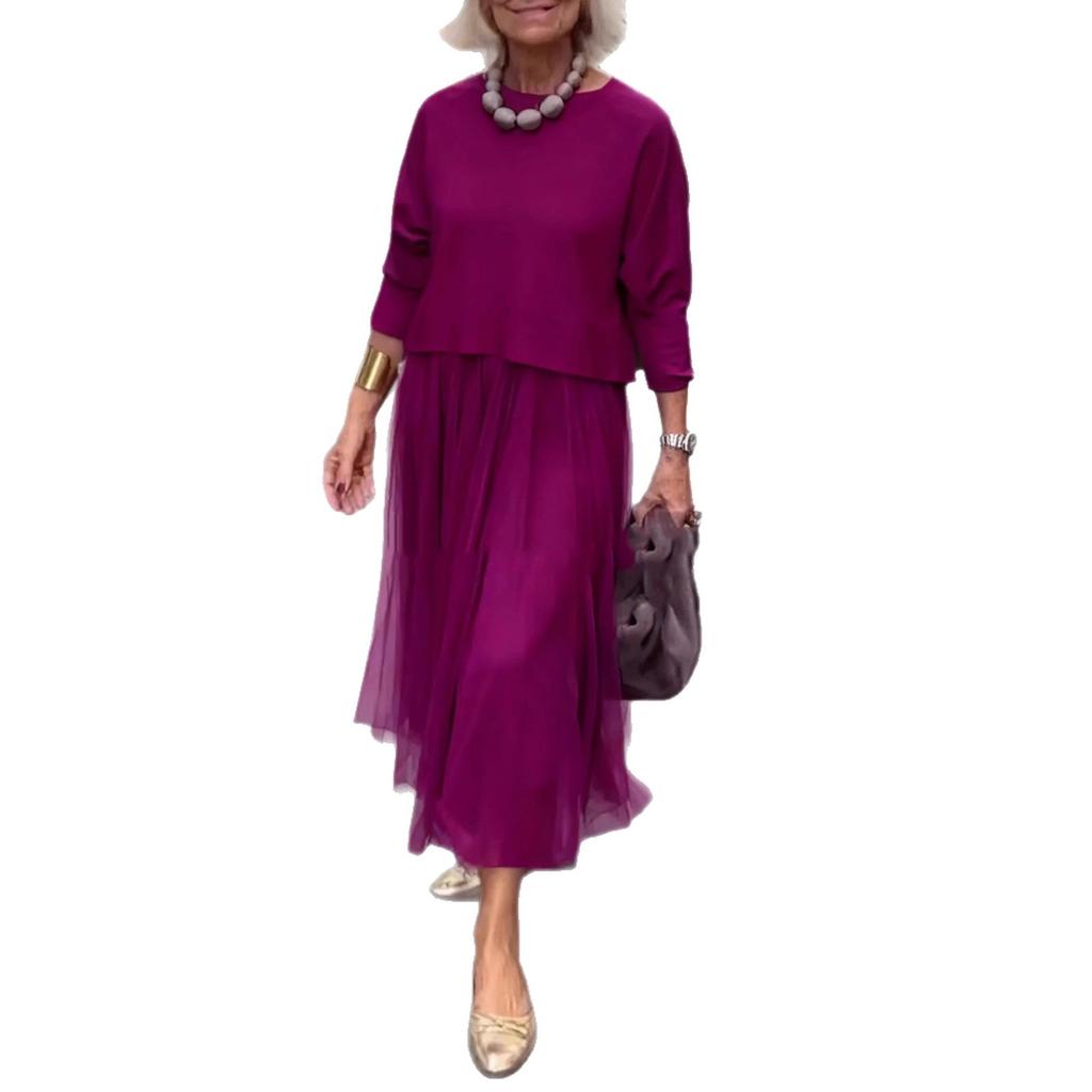 Women's Light Gray Short Sleeve Top and Chiffon Skirt Two Piece Set Casual Outfit