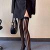 Japanese JK Black Silk Jacquard Thigh-High Socks with Dark Vertical Stripes