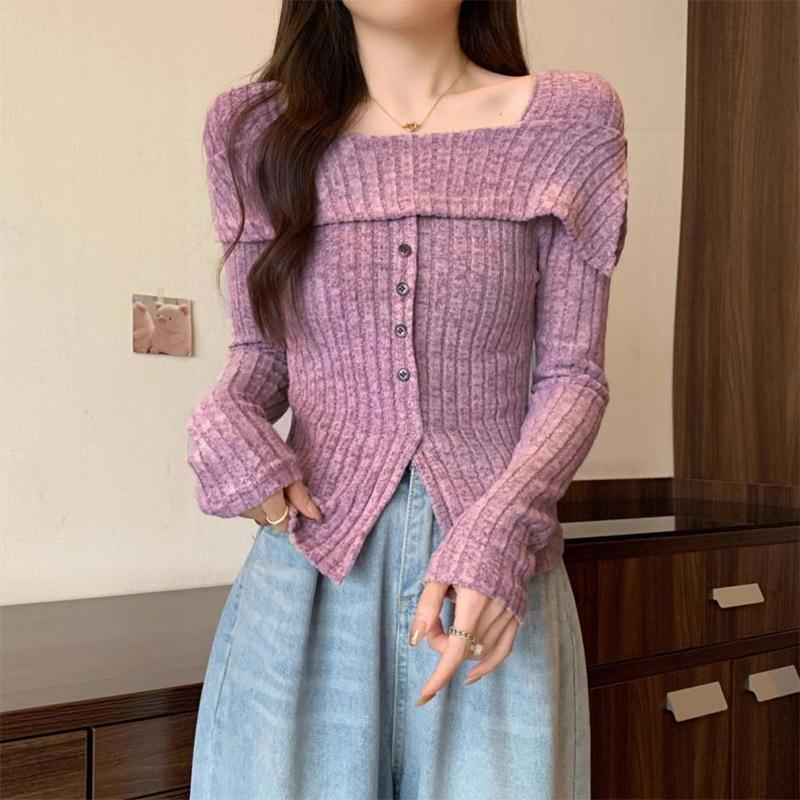 Spring Women's Square Neck Long Sleeve Solid Color Knit Single Breasted Blouse