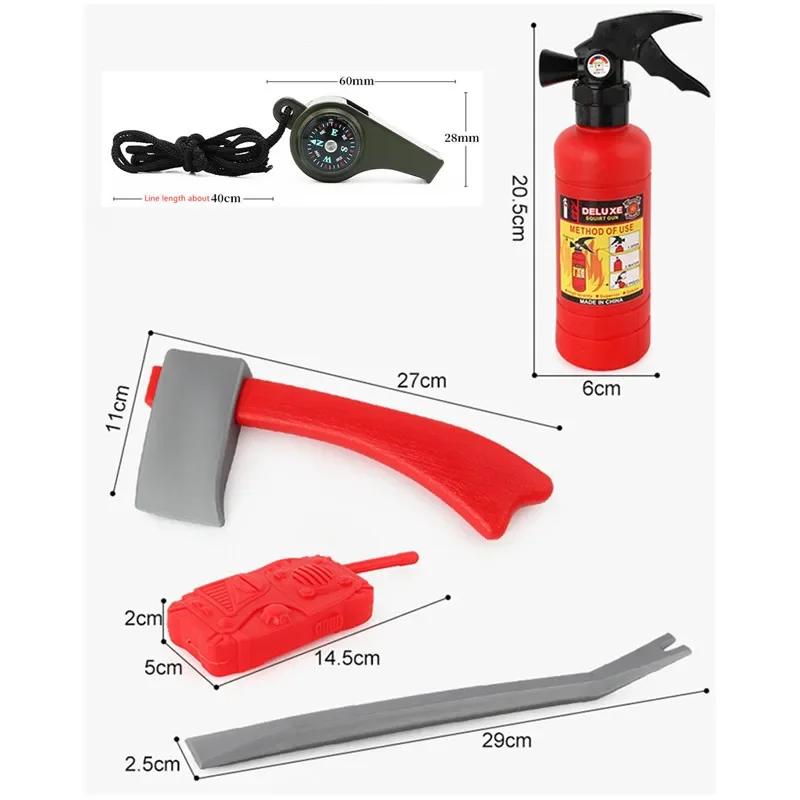 Child Red Firefighter Costume Printed Reflective Stripes Warning Firefighting Uniform with Walkie Talkie Compass Whistle Toys