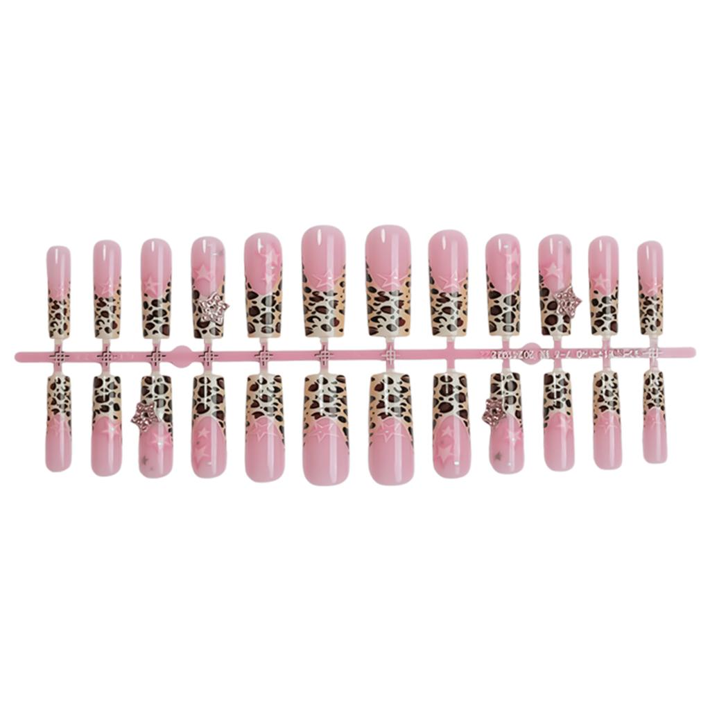 Pink Long False Nails with Leopard Tip Charming Comfortable To Wear Manicure Nails for Shopping Traveling Dating