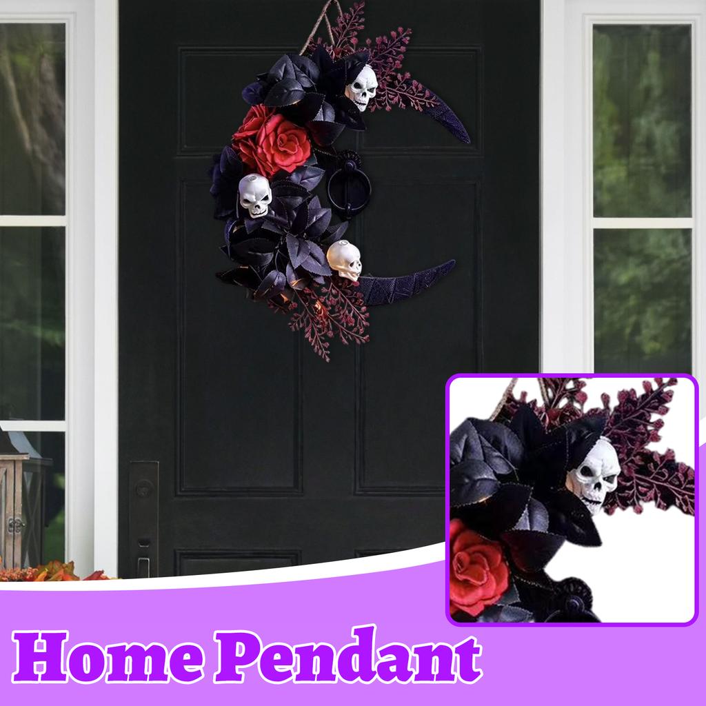 Halloween Wreath with Black Artificial Maple Leaves and Colorful Flowers Front Door Hanging Decor for Holiday