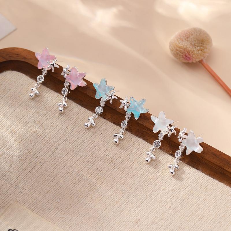 S925 Sterling Silver Blue Starfish Dangle Earrings Shiny Zircon Ocean Style Drop Earrings Sweet Fresh Women Daily BeachJewelry