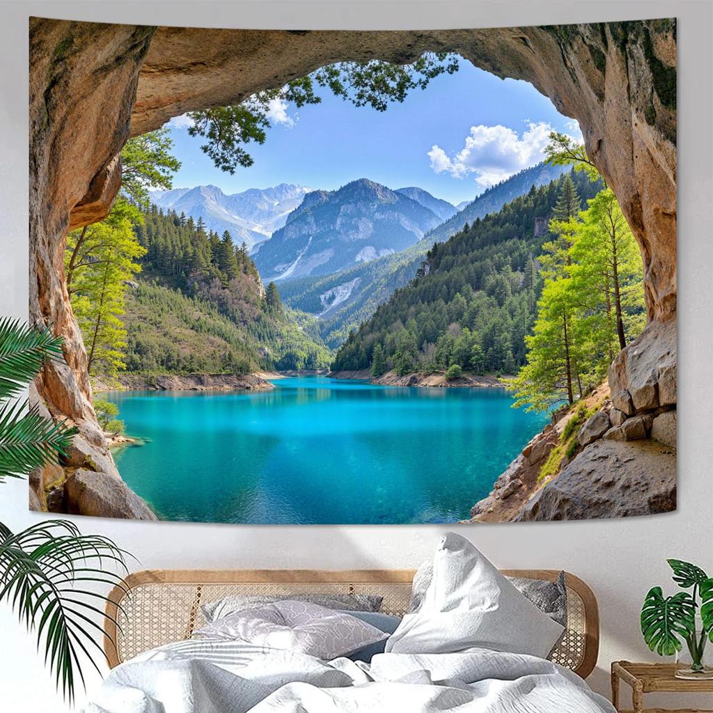 Nature Mountain Forest Tapestry Sage Green Tree Stream Wall Tapestry for Bedroom Aesthetic Lush Woodland Landscape Small