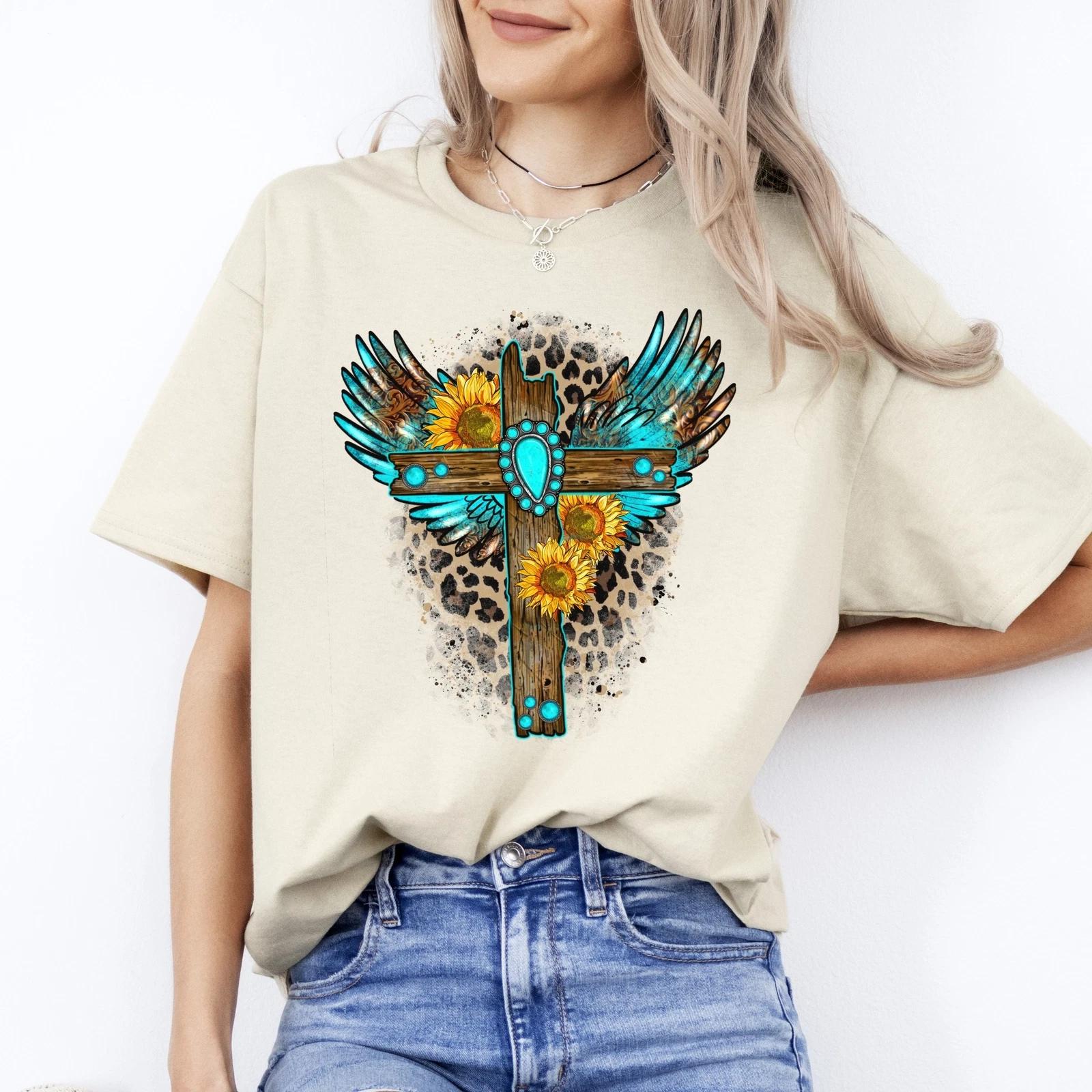 Gemstone cross T-Shirt gift Texas Western leopard skin cross Unisex tee Sand Whi S