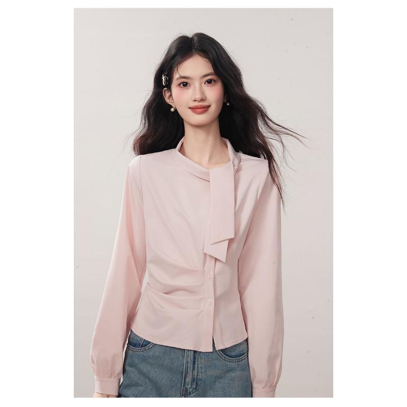 2025 New Autumn Slanted Placket Western-style Ribbon Light Luxury Shirt Irregular Versatile Top